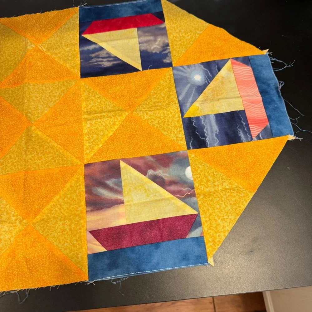 Handmade Quilted Table Runner Small Yellow Blue Sailboat Nautical Patchwork Art
